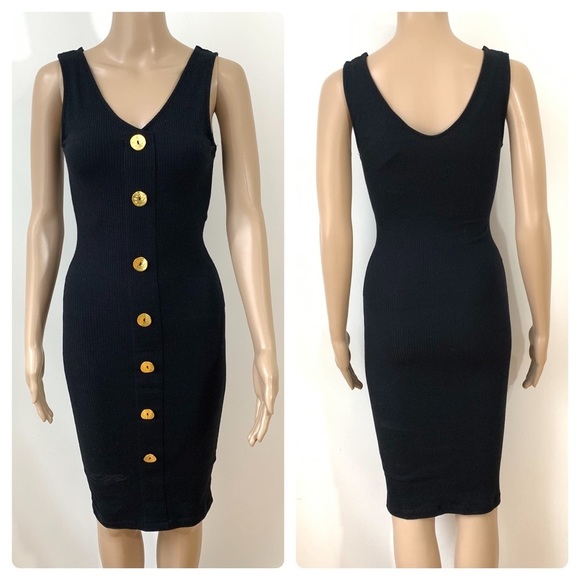 LAST ONE AVAILABLE - New Women Black Gold Ribbed Vneck Bodycon Dress Size Small - Picture 1 of 11